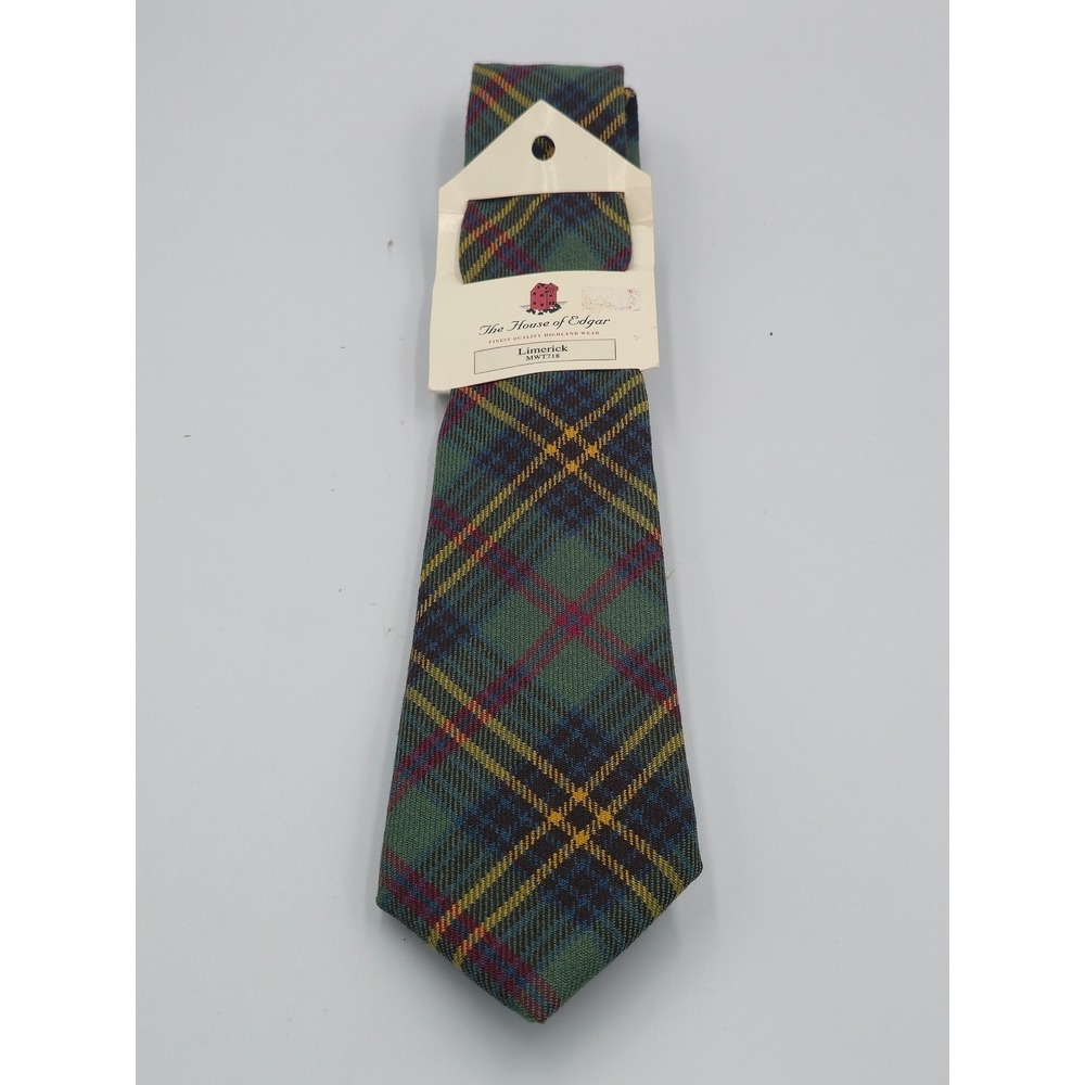 House of Edgar Limerick Tartan Wool Tie Green Plaid Made in Scotland MWT718
